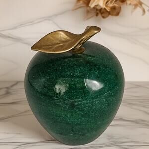 Vintage Green Stone Apple Paperweight Gold Leaf Decor